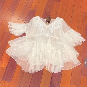 Sequins/Bead White Floral Blouse Puffy Sleeves